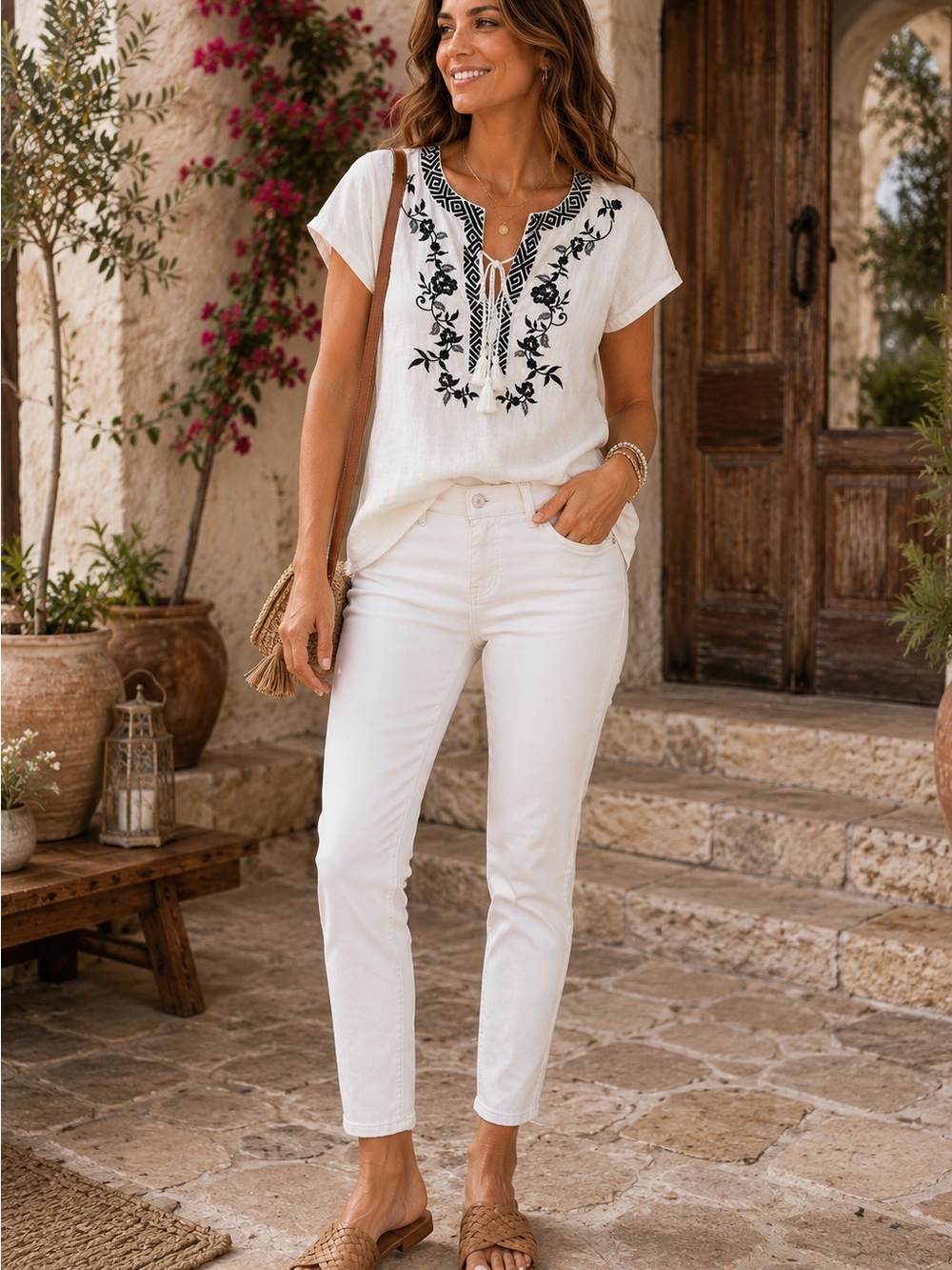 Carol Little 100% Linen Embroidered Boho Blouse | White & Black Floral Coastal